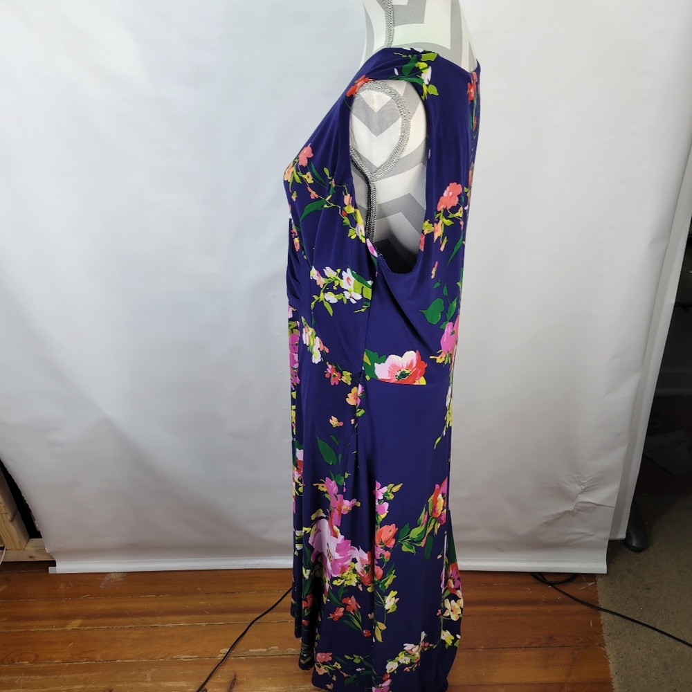 Lauren Ralph Lauren Faux Wrap Navy Floral Sleeveless Midi Dress Side Zip Size 16 - Picture 5 of 12
